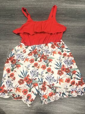 SHEIN Red Floral Romper with Ruffle Bodice
